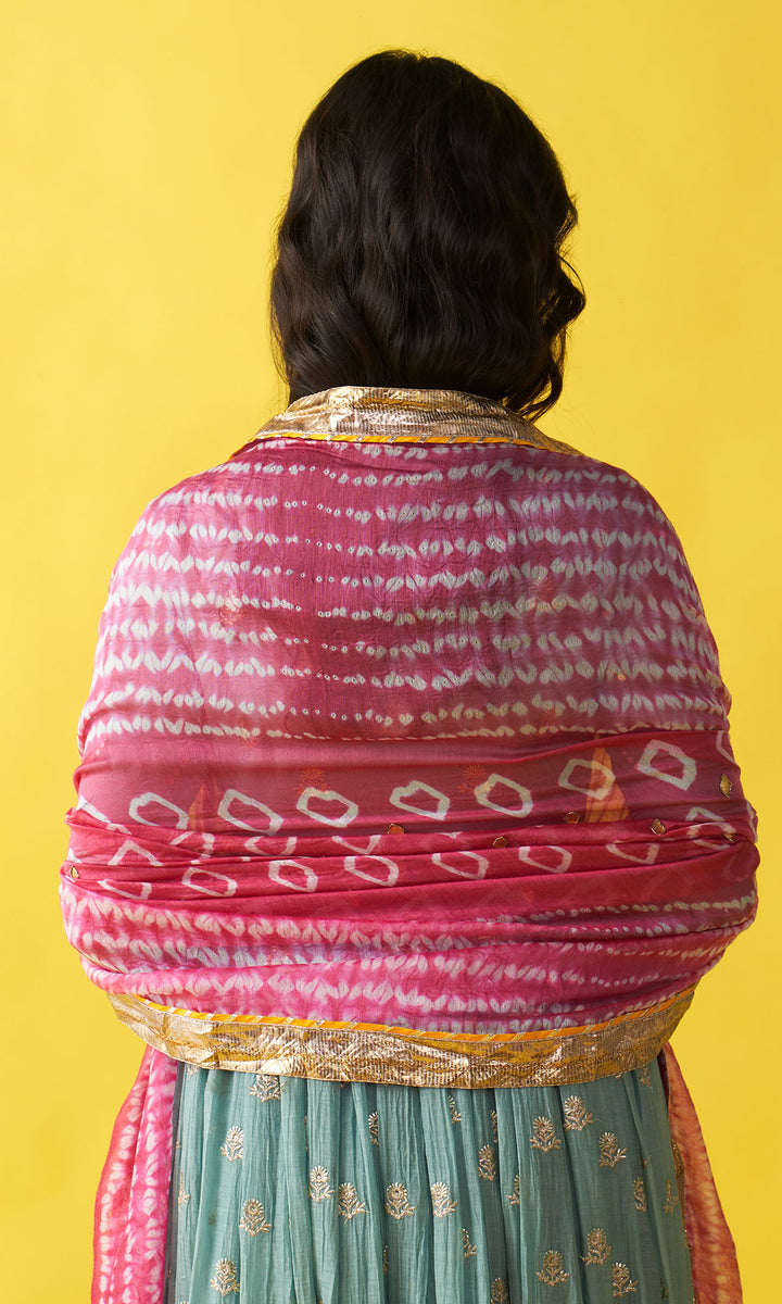 Gulzaar Turquoise Embroidered  Angrakha  Anarkali with Palazzo and Shibori Dupatta ( Set of 3)