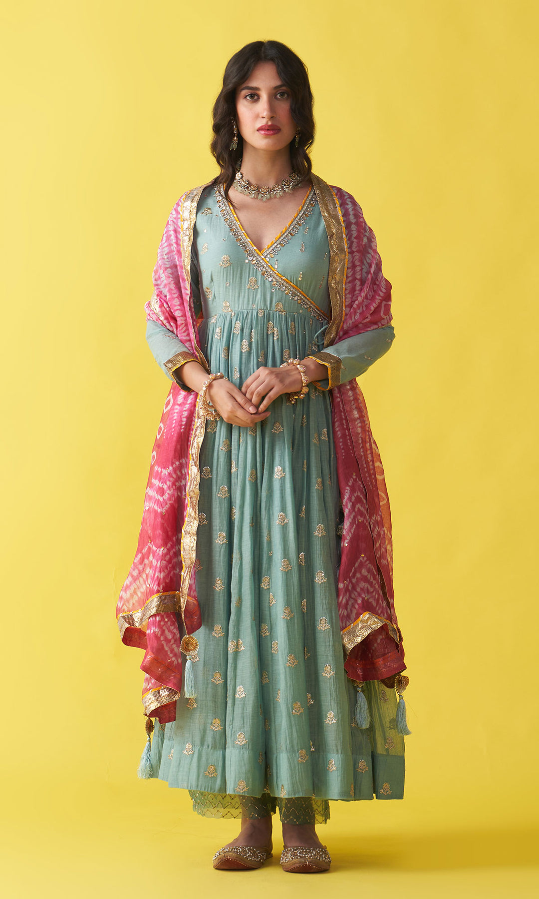 Gulzaar Turquoise Embroidered  Angrakha  Anarkali with Palazzo and Shibori Dupatta ( Set of 3)