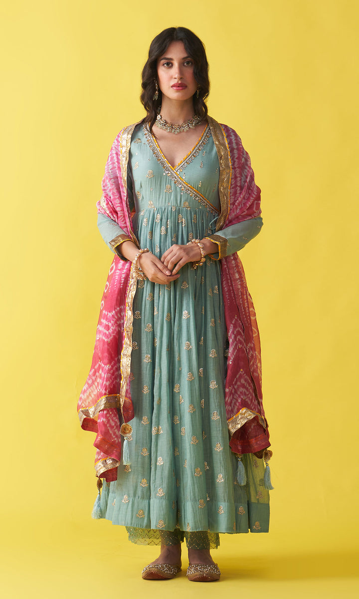 Gulzaar Turquoise Embroidered  Angrakha  Anarkali with Palazzo and Shibori Dupatta ( Set of 3)