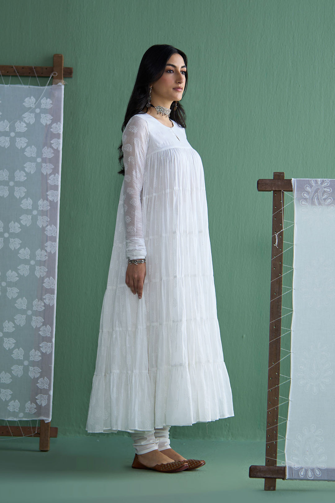 Chhaya Vol 2 White Tiered anarkali with chooridar and dupatta (set of 3)