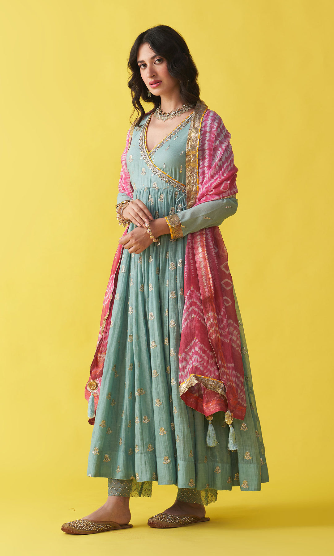 Gulzaar Turquoise Embroidered  Angrakha  Anarkali with Palazzo and Shibori Dupatta ( Set of 3)