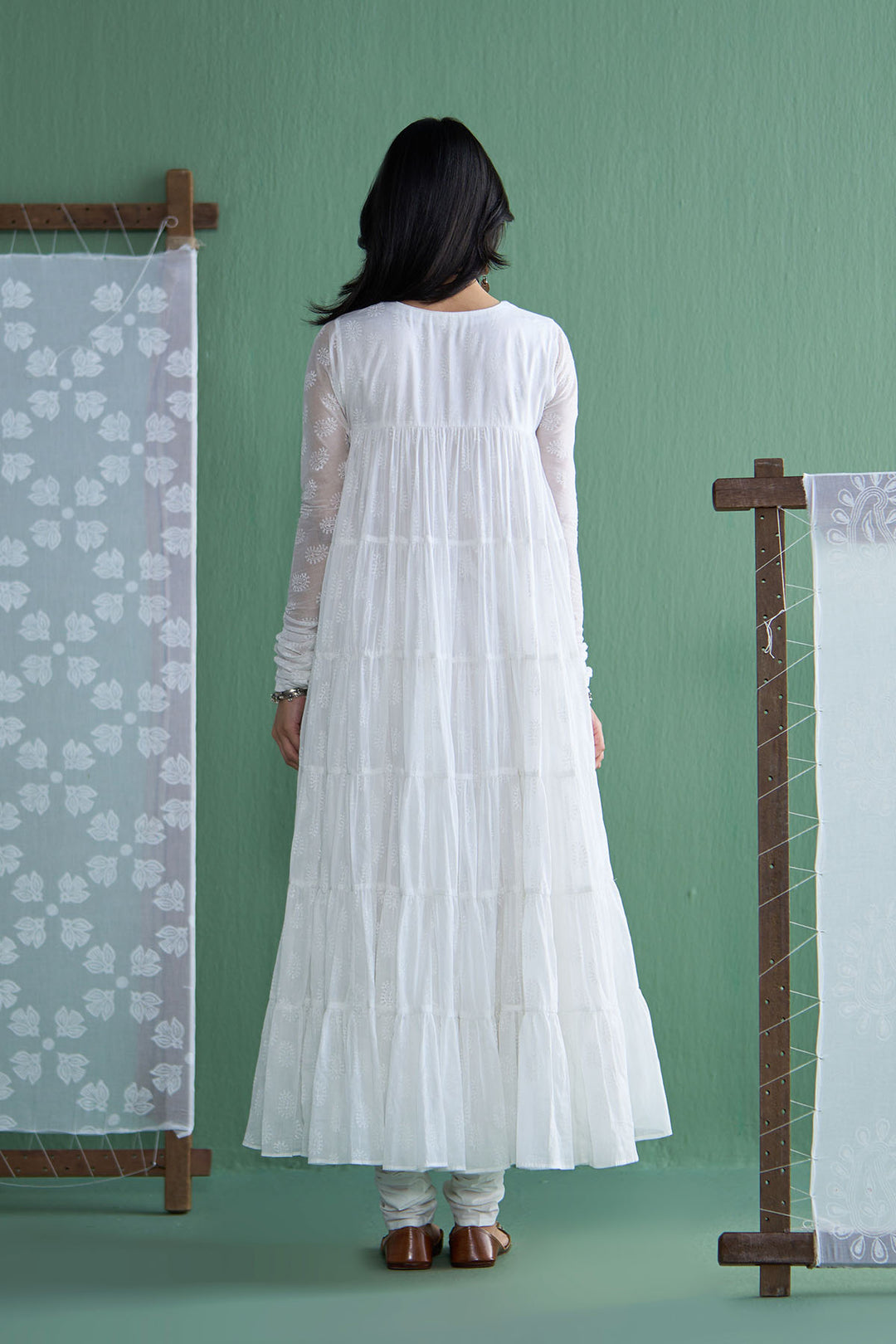 Chhaya Vol 2 White Tiered anarkali with chooridar and dupatta (set of 3)