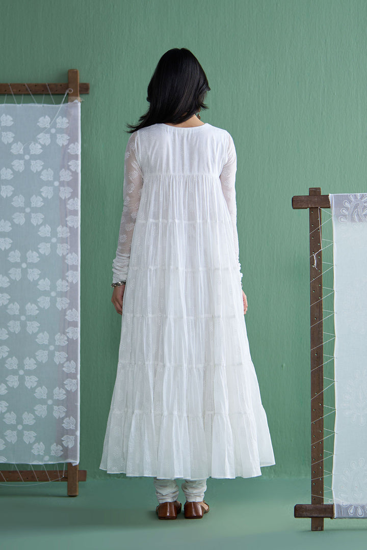 Chhaya Vol 2 White Tiered anarkali with chooridar and dupatta (set of 3)