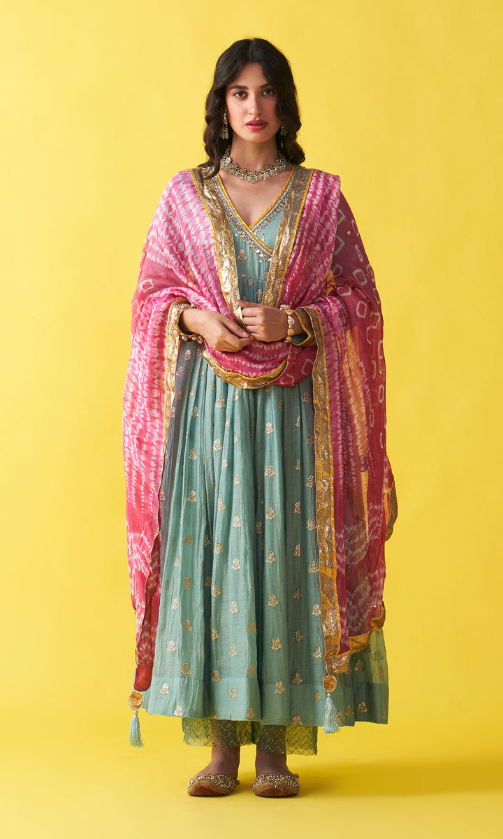 Gulzaar Turquoise Embroidered  Angrakha  Anarkali with Palazzo and Shibori Dupatta ( Set of 3)