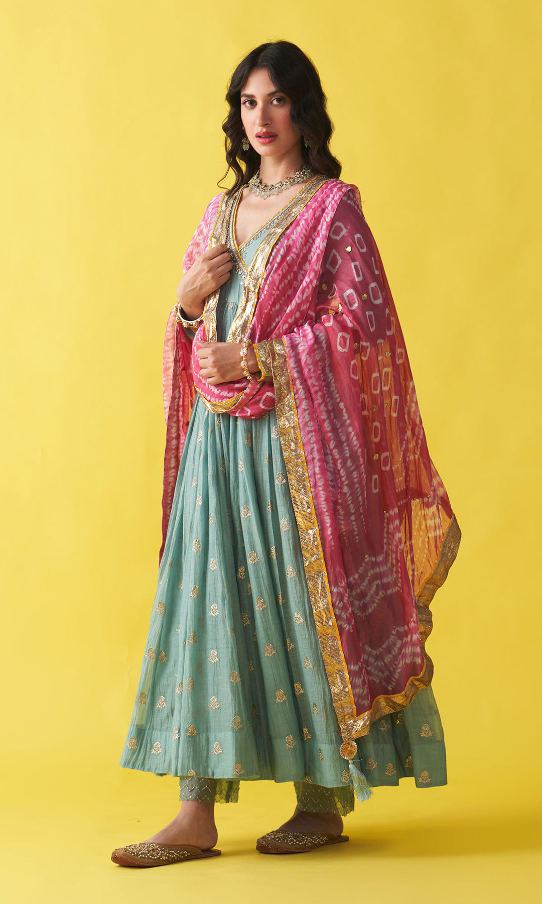 Gulzaar Turquoise Embroidered  Angrakha  Anarkali with Palazzo and Shibori Dupatta ( Set of 3)