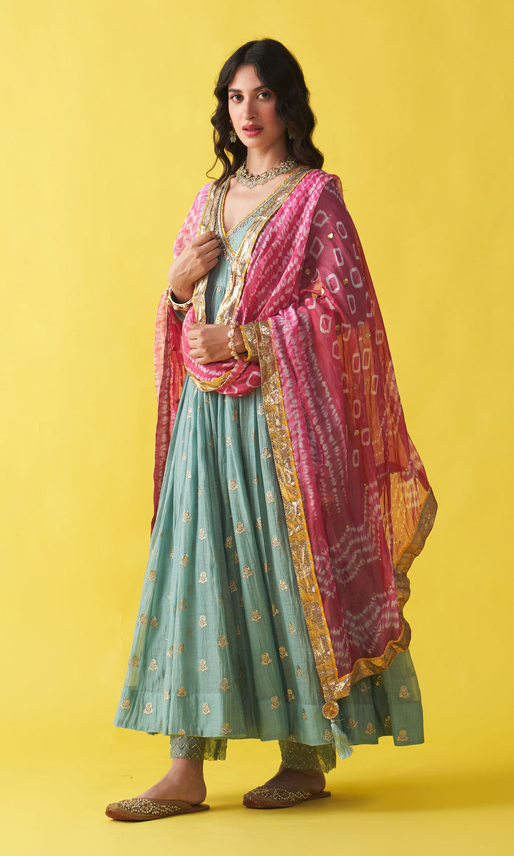 Gulzaar Turquoise Embroidered  Angrakha  Anarkali with Palazzo and Shibori Dupatta ( Set of 3)