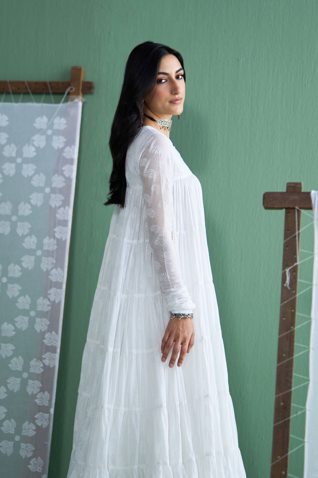 Chhaya Vol 2 White Tiered anarkali with chooridar and dupatta (set of 3)