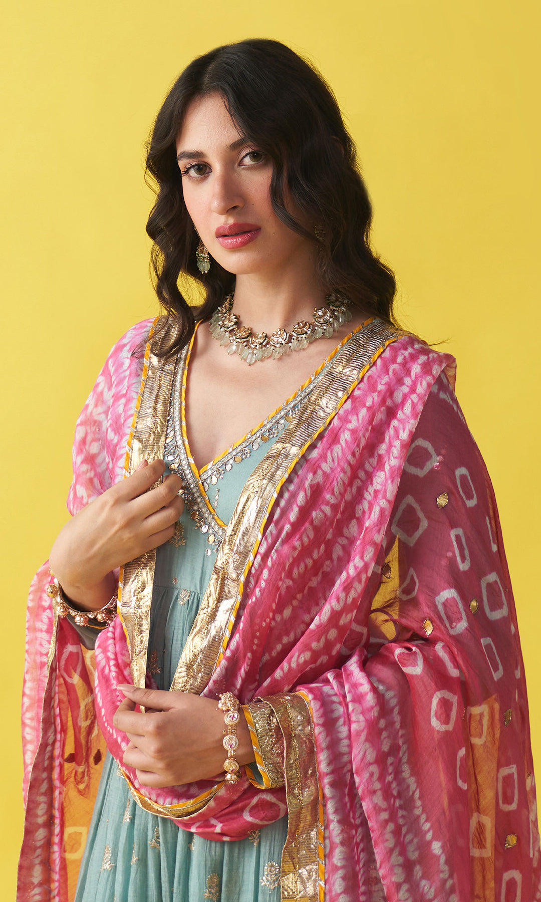 Gulzaar Turquoise Embroidered  Angrakha  Anarkali with Palazzo and Shibori Dupatta ( Set of 3)