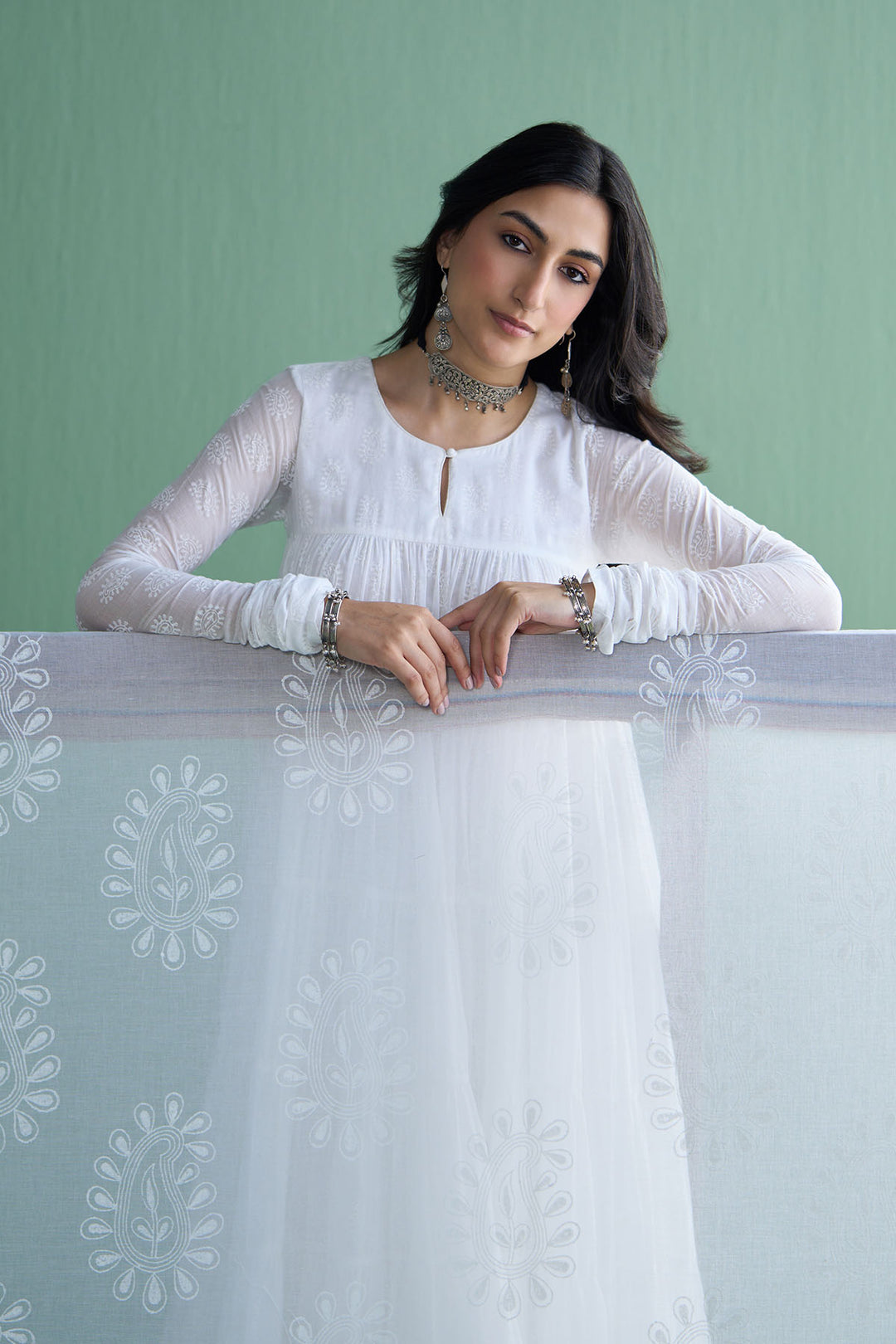 Chhaya Vol 2 White Tiered anarkali with chooridar and dupatta (set of 3)