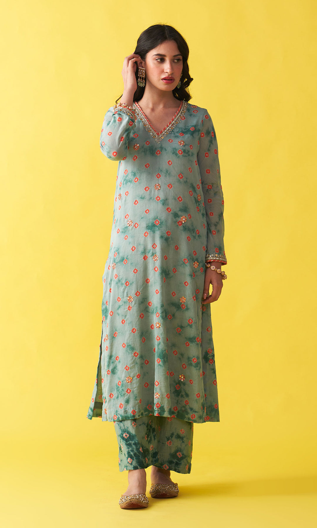 Gulzaar turquoise bandhej straight  kurta with palazzo and mukaish chiffon  dupatta (set of 3)