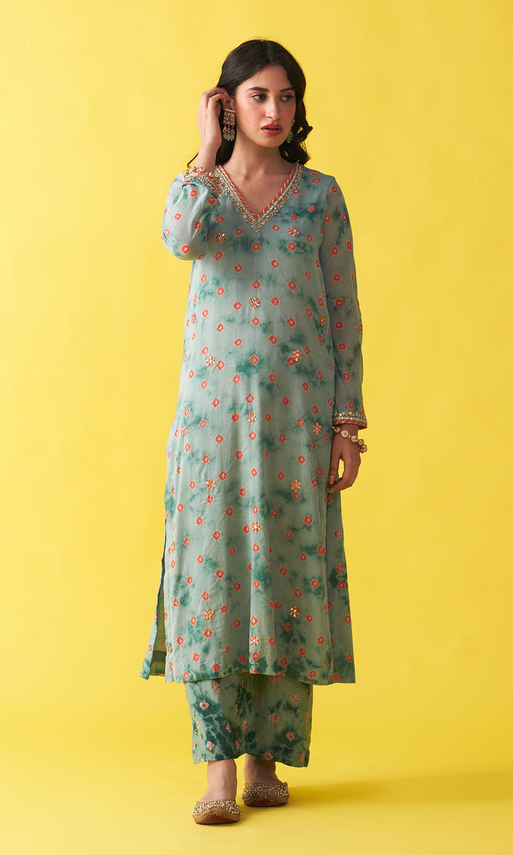 Gulzaar turquoise bandhej straight  kurta with palazzo and mukaish chiffon  dupatta (set of 3)