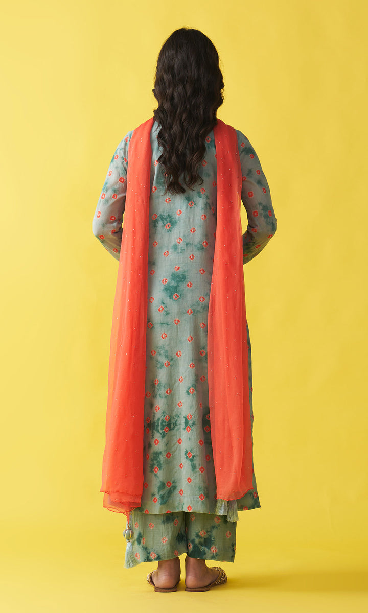 Gulzaar turquoise bandhej straight  kurta with palazzo and mukaish chiffon  dupatta (set of 3)