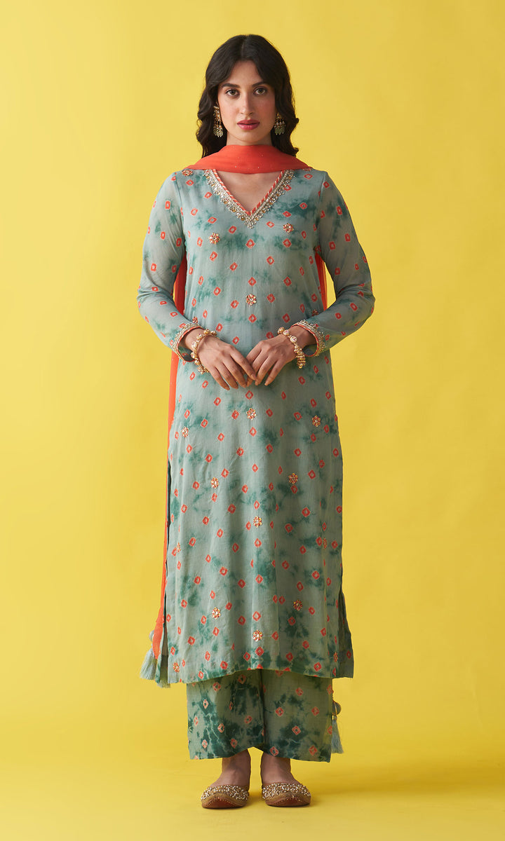 Gulzaar turquoise bandhej straight  kurta with palazzo and mukaish chiffon  dupatta (set of 3)