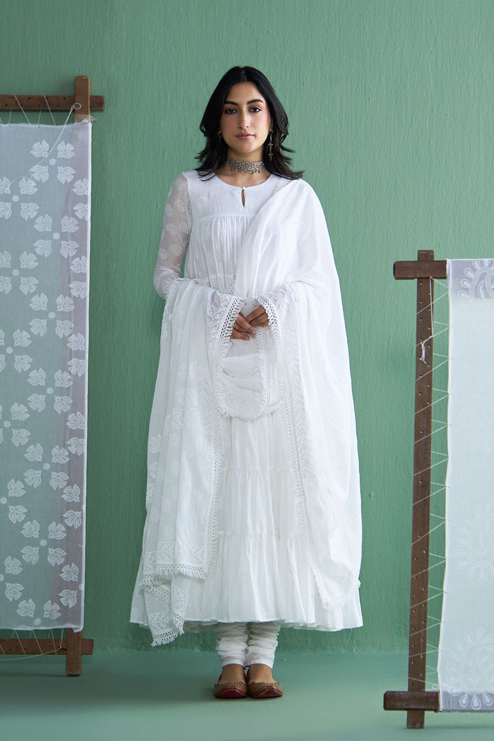 Chhaya Vol 2 White Tiered anarkali with chooridar and dupatta (set of 3)
