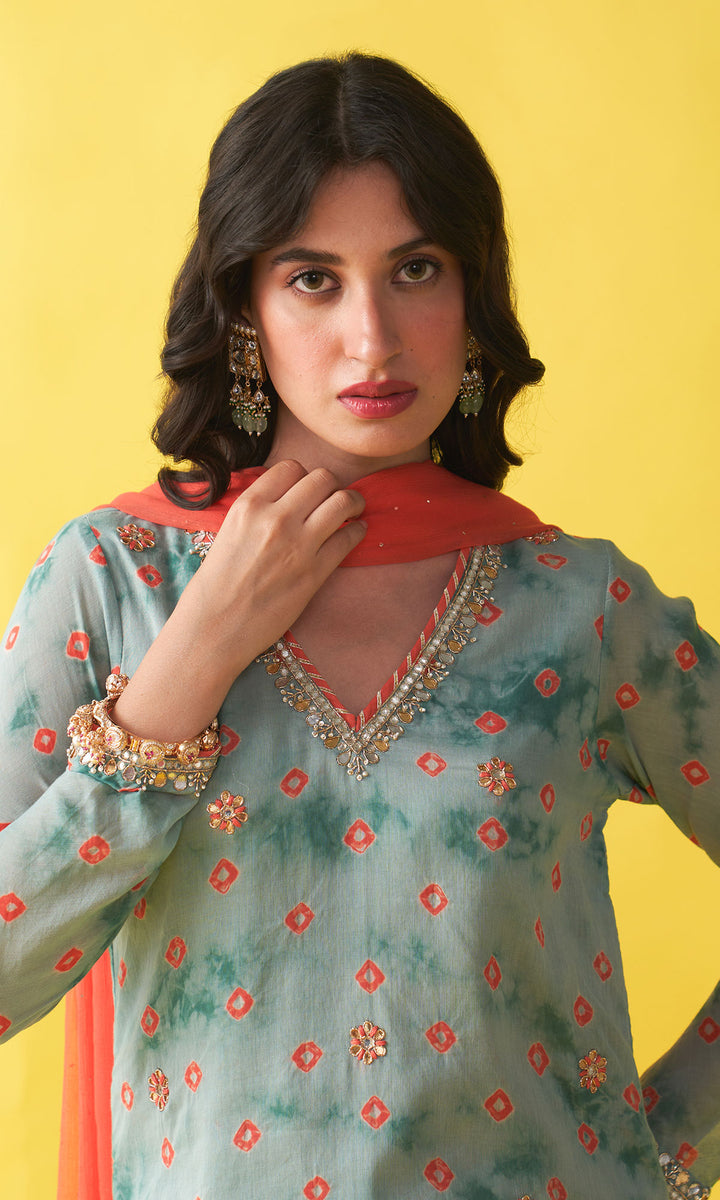 Gulzaar turquoise bandhej straight  kurta with palazzo and mukaish chiffon  dupatta (set of 3)