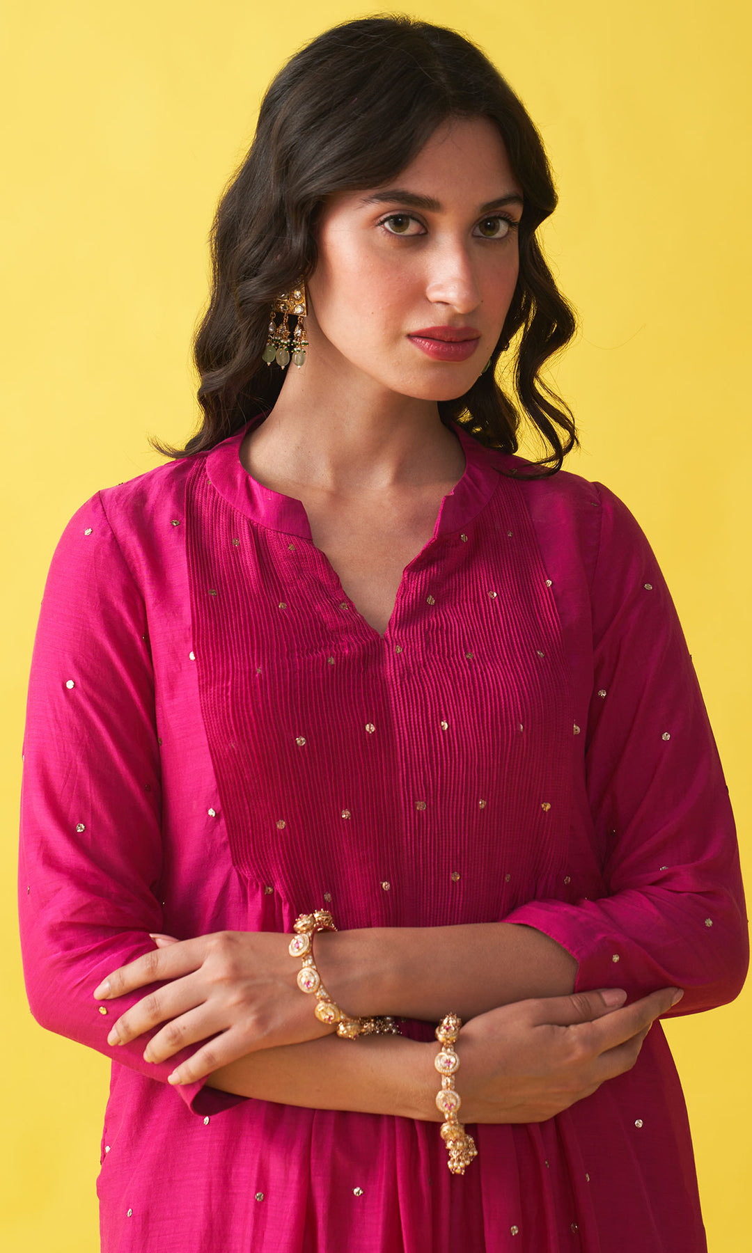 Gulzaar rani pink Solid mukaish pintuck kurta with salwar and dupatta (set of 3)