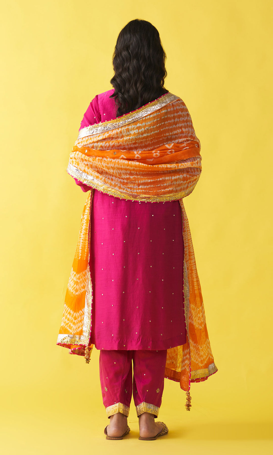 Gulzaar rani pink Solid mukaish pintuck kurta with salwar and dupatta (set of 3)