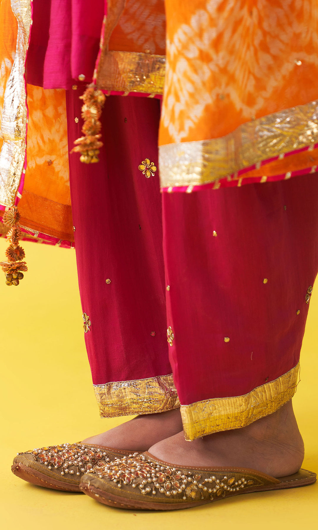 Gulzaar rani pink Solid mukaish pintuck kurta with salwar and dupatta (set of 3)