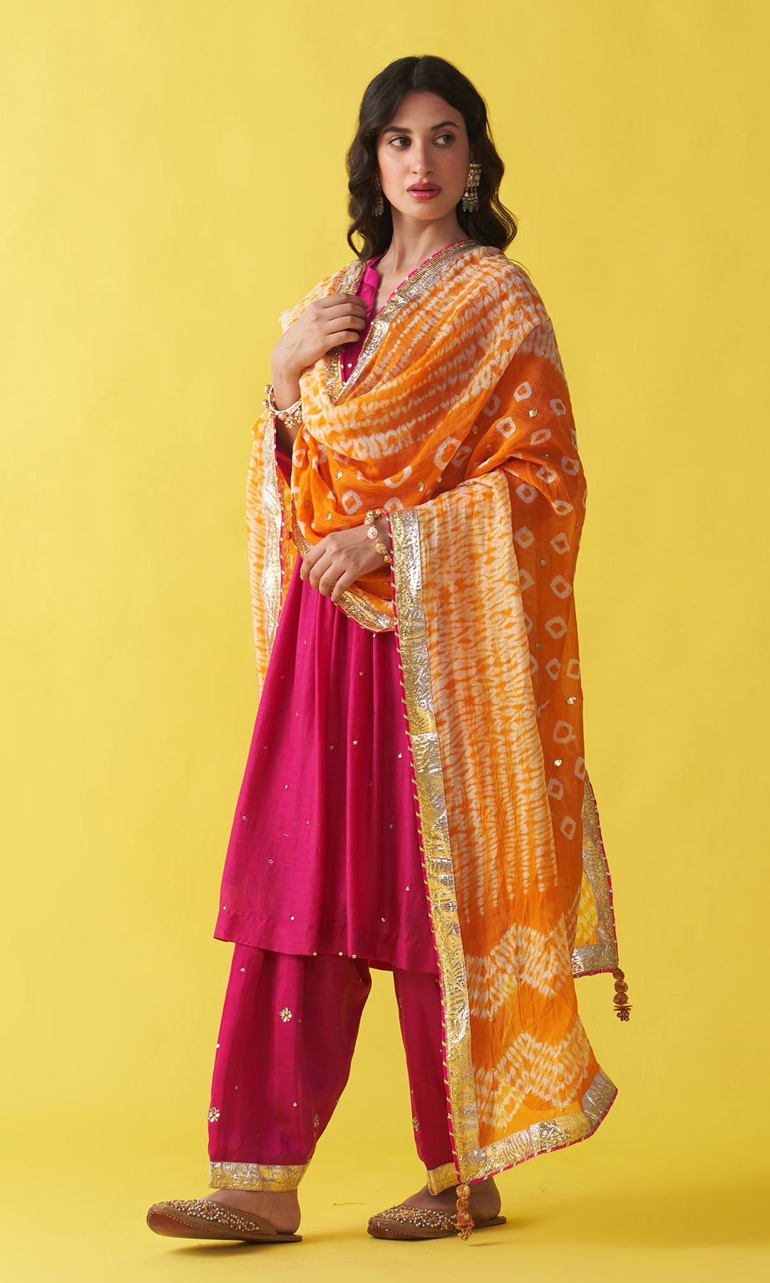 Gulzaar rani pink Solid mukaish pintuck kurta with salwar and dupatta (set of 3)
