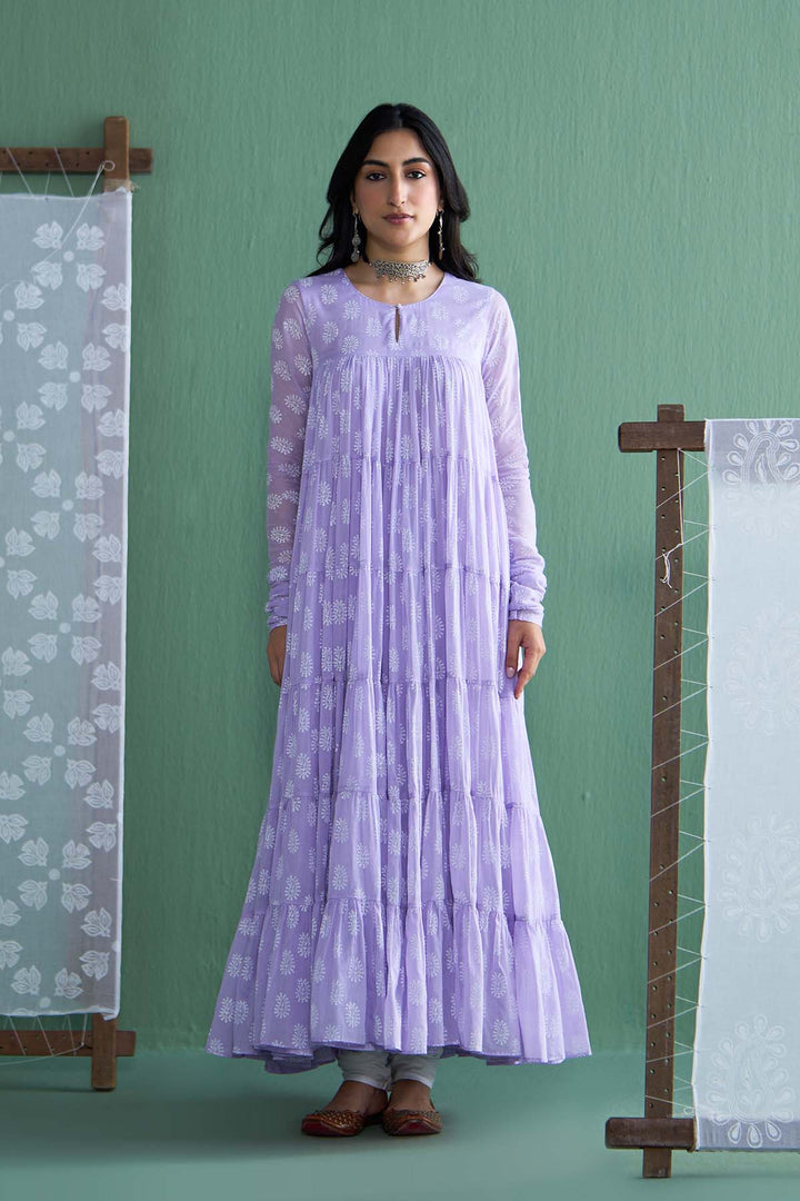 Chhaya Vol 2 Lilac Tiered anarkali with chooridar and dupatta (set of 3)