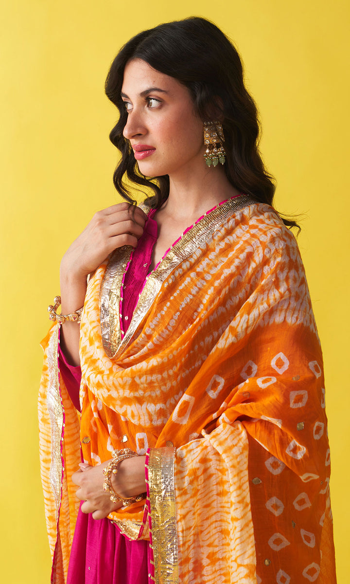 Gulzaar rani pink Solid mukaish pintuck kurta with salwar and dupatta (set of 3)