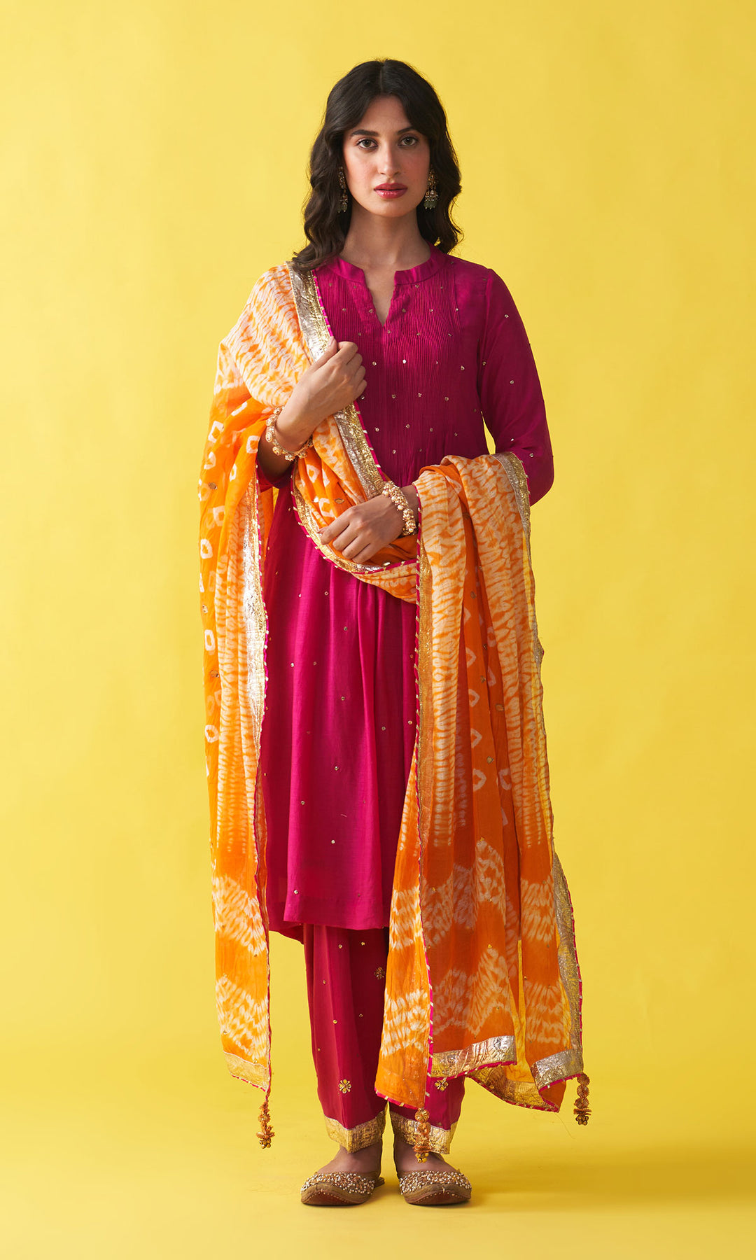 Gulzaar rani pink Solid mukaish pintuck kurta with salwar and dupatta (set of 3)