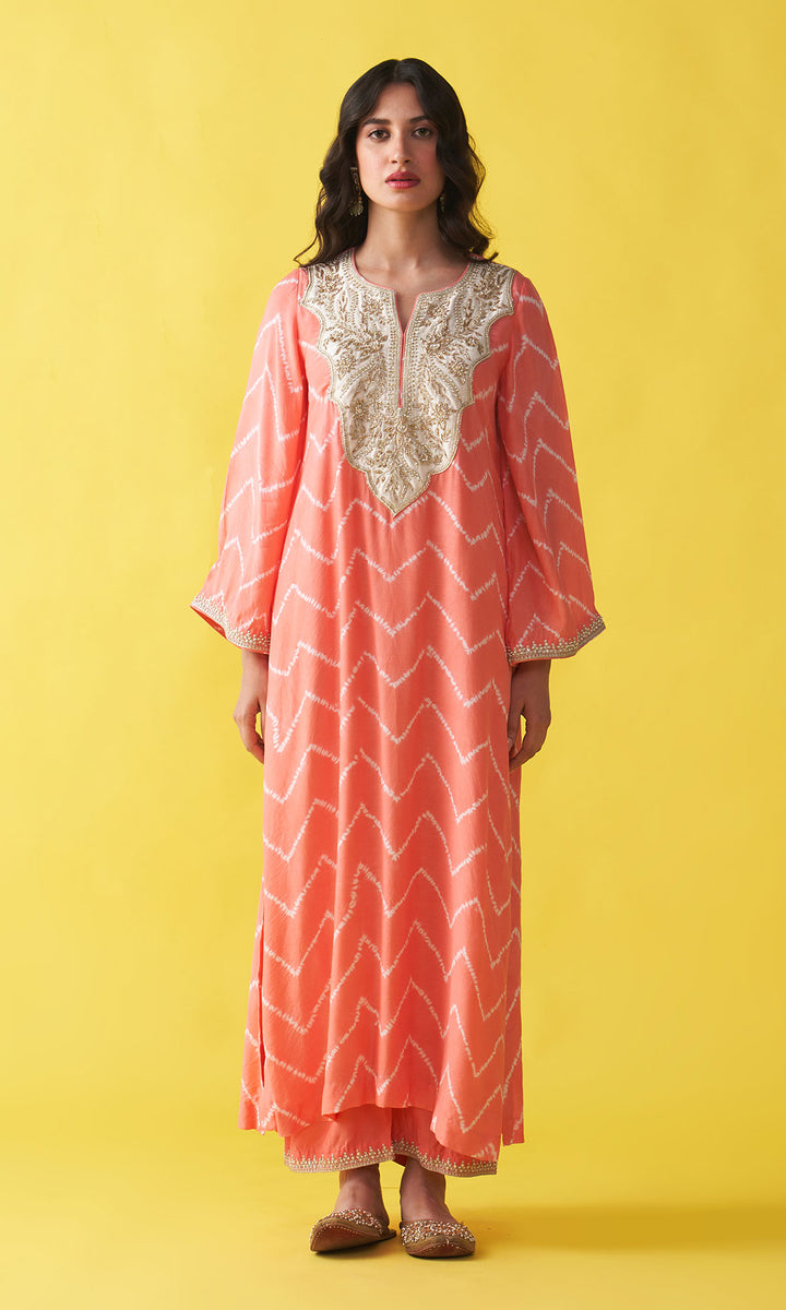 Gulzaar coral pink shibori hand embroidered kaftan with solid palazzo (set of 2)