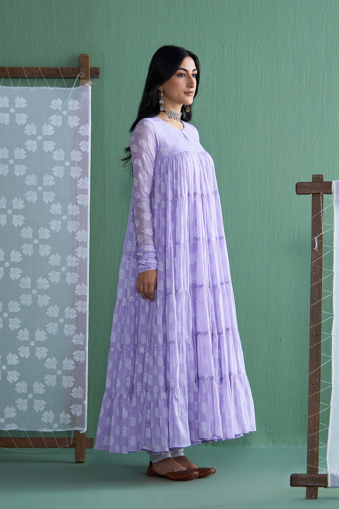 Chhaya Vol 2 Lilac Tiered anarkali with chooridar and dupatta (set of 3)