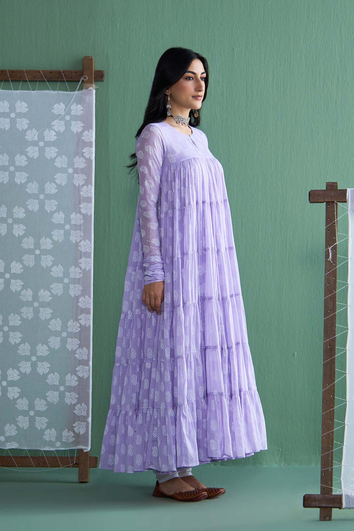 Chhaya Vol 2 Lilac Tiered anarkali with chooridar and dupatta (set of 3)