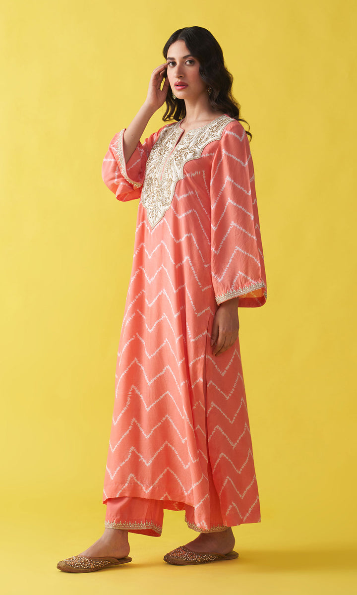 Gulzaar coral pink shibori hand embroidered kaftan with solid palazzo (set of 2)