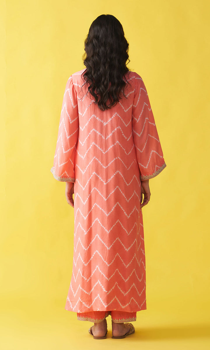 Gulzaar coral pink shibori hand embroidered kaftan with solid palazzo (set of 2)