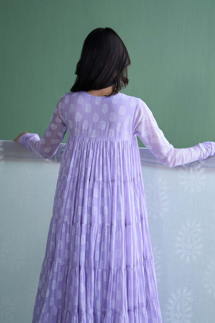 Chhaya Vol 2 Lilac Tiered anarkali with chooridar and dupatta (set of 3)