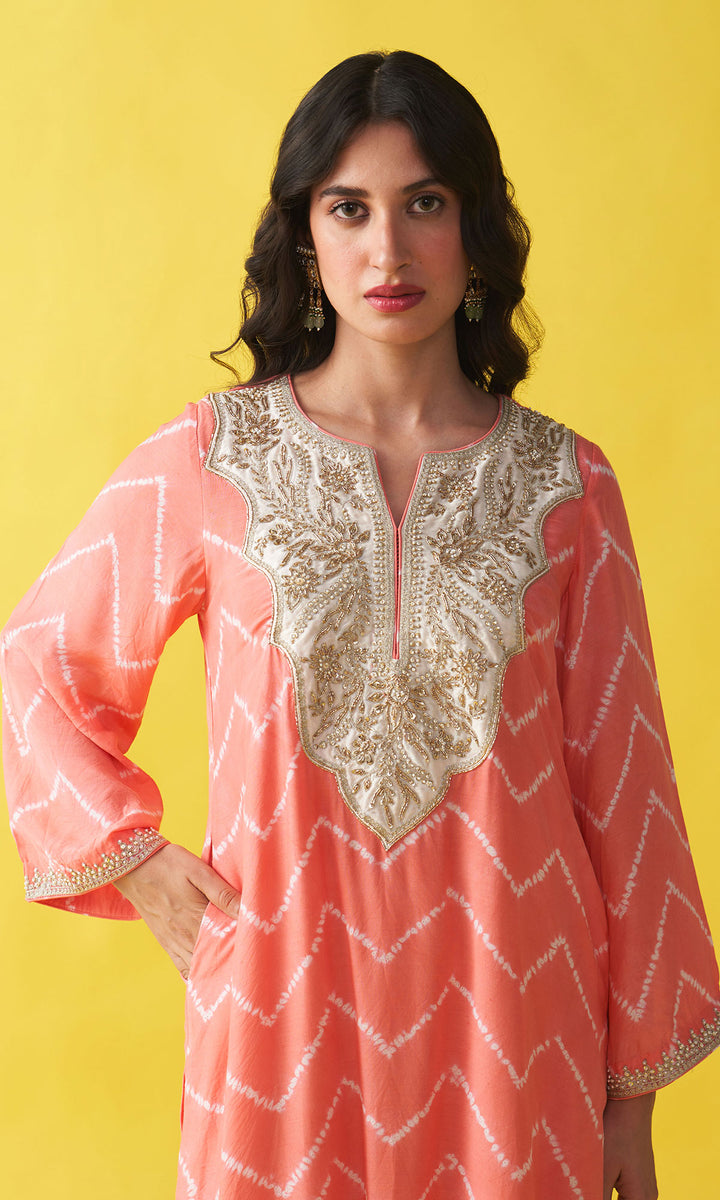 Gulzaar coral pink shibori hand embroidered kaftan with solid palazzo (set of 2)