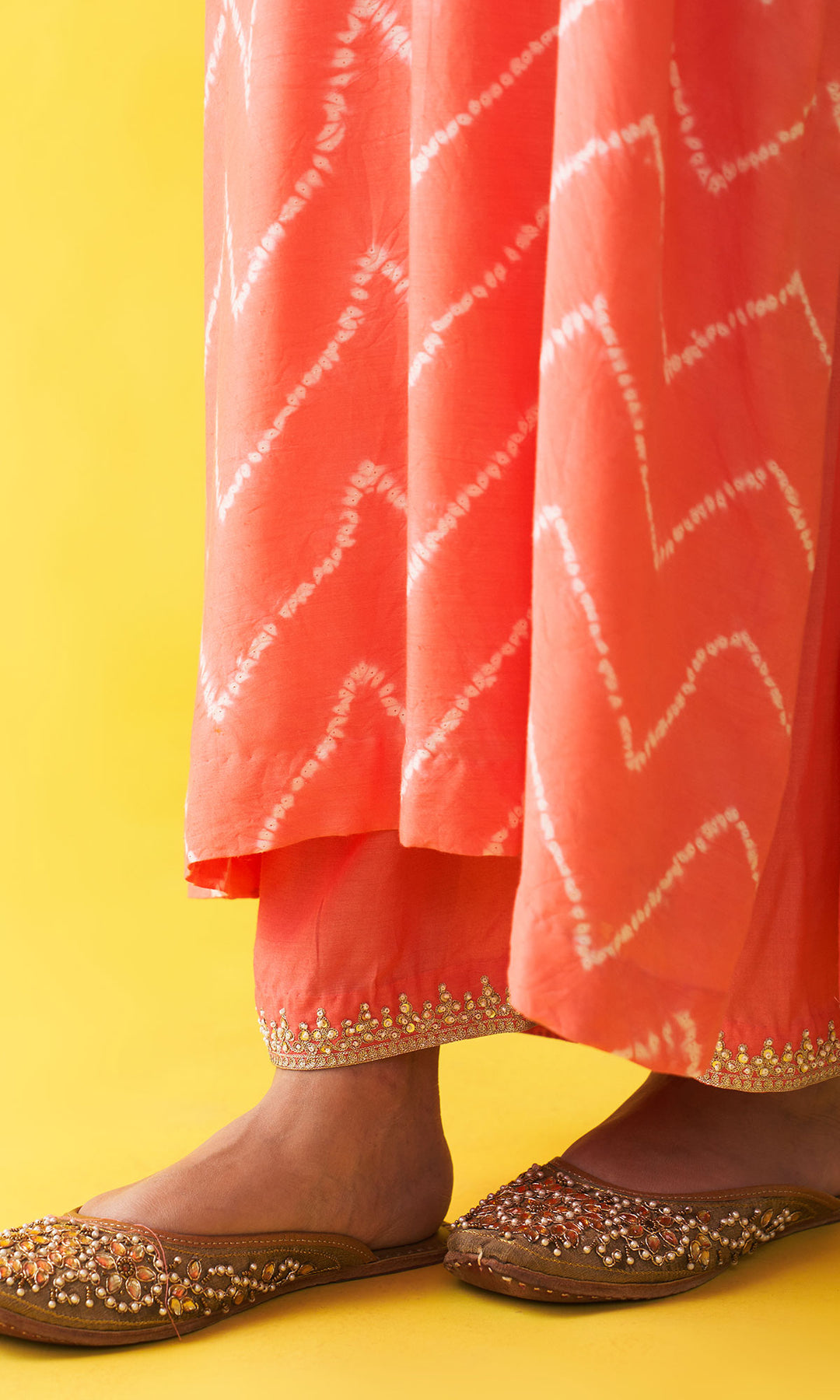 Gulzaar coral pink shibori hand embroidered kaftan with solid palazzo (set of 2)