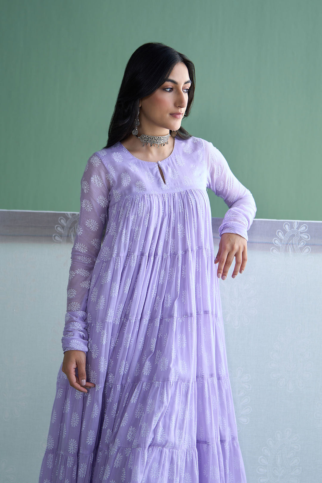 Chhaya Vol 2 Lilac Tiered anarkali with chooridar and dupatta (set of 3)
