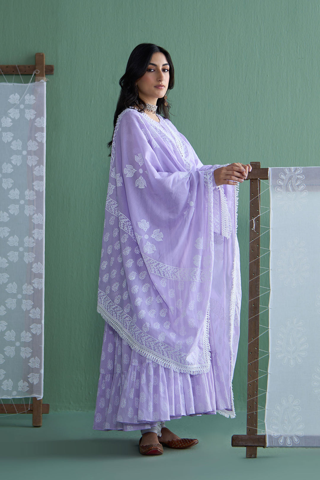 Chhaya Vol 2 Lilac Tiered anarkali with chooridar and dupatta (set of 3)