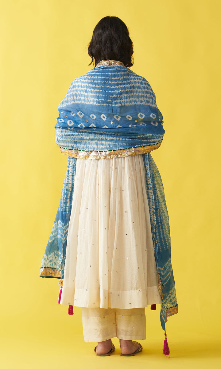 Gulzaar Off white v-neck embroidered anarkali with palazzo and  blue shibori dupatta (set of 3)