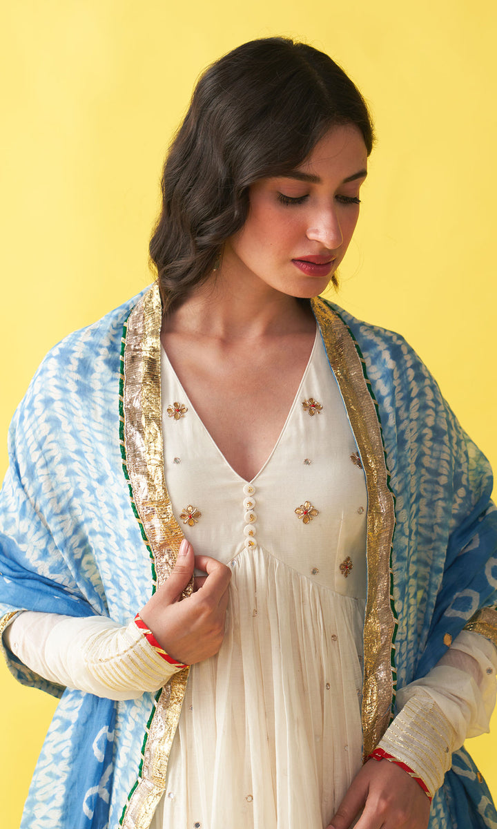 Gulzaar Off white v-neck embroidered anarkali with palazzo and  blue shibori dupatta (set of 3)