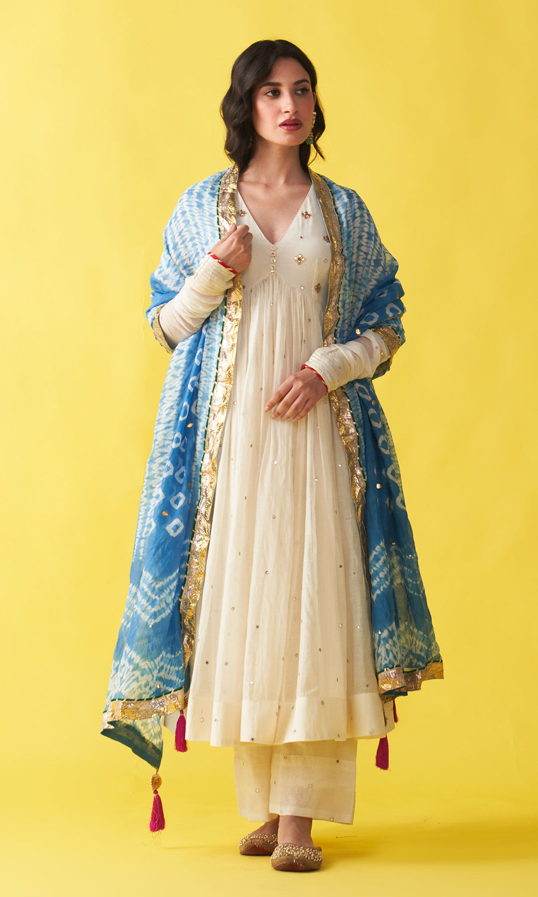 Gulzaar Off white v-neck embroidered anarkali with palazzo and  blue shibori dupatta (set of 3)