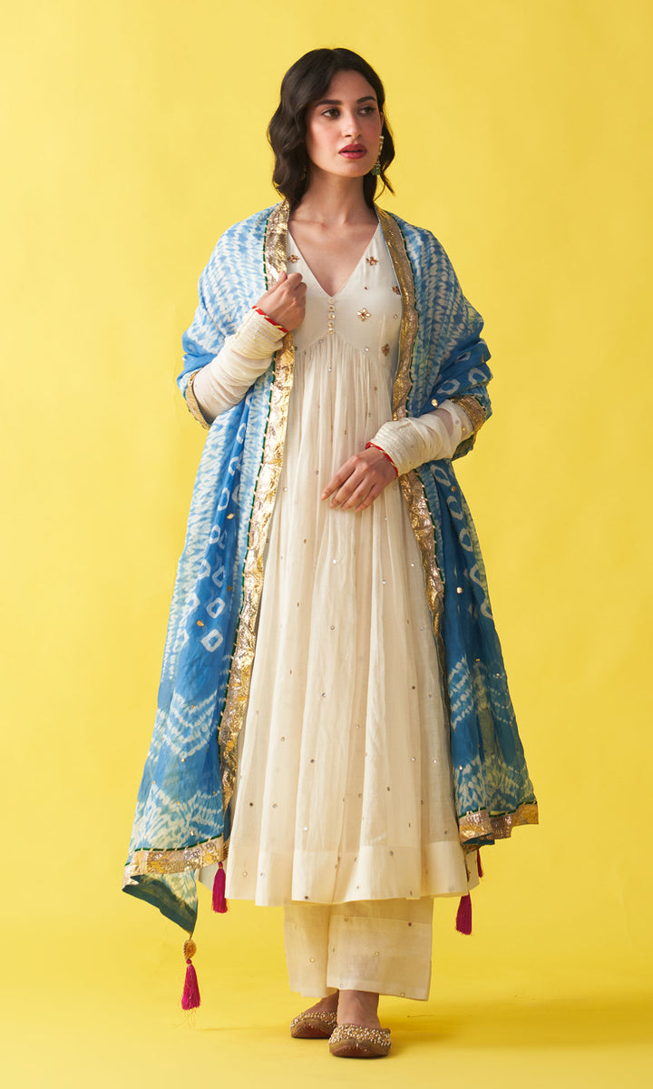 Gulzaar Off white v-neck embroidered anarkali with palazzo and  blue shibori dupatta (set of 3)