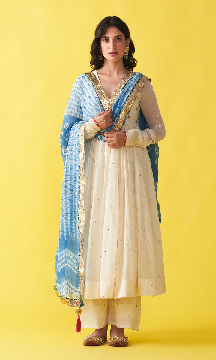 Gulzaar Off white v-neck embroidered anarkali with palazzo and  blue shibori dupatta (set of 3)