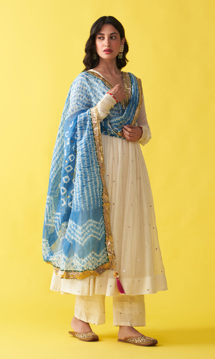 Gulzaar Off white v-neck embroidered anarkali with palazzo and  blue shibori dupatta (set of 3)