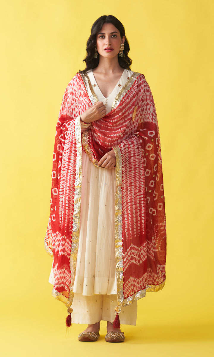 Gulzaar Off white v-neck embroidered anarkali with palazzo and  red shibori dupatta (set of 3)