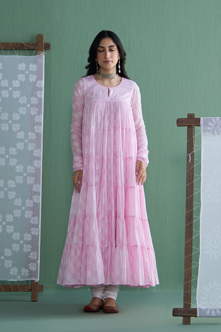 Chhaya Vol 2 Pink Tiered anarkali with chooridar and dupatta (set of 3)