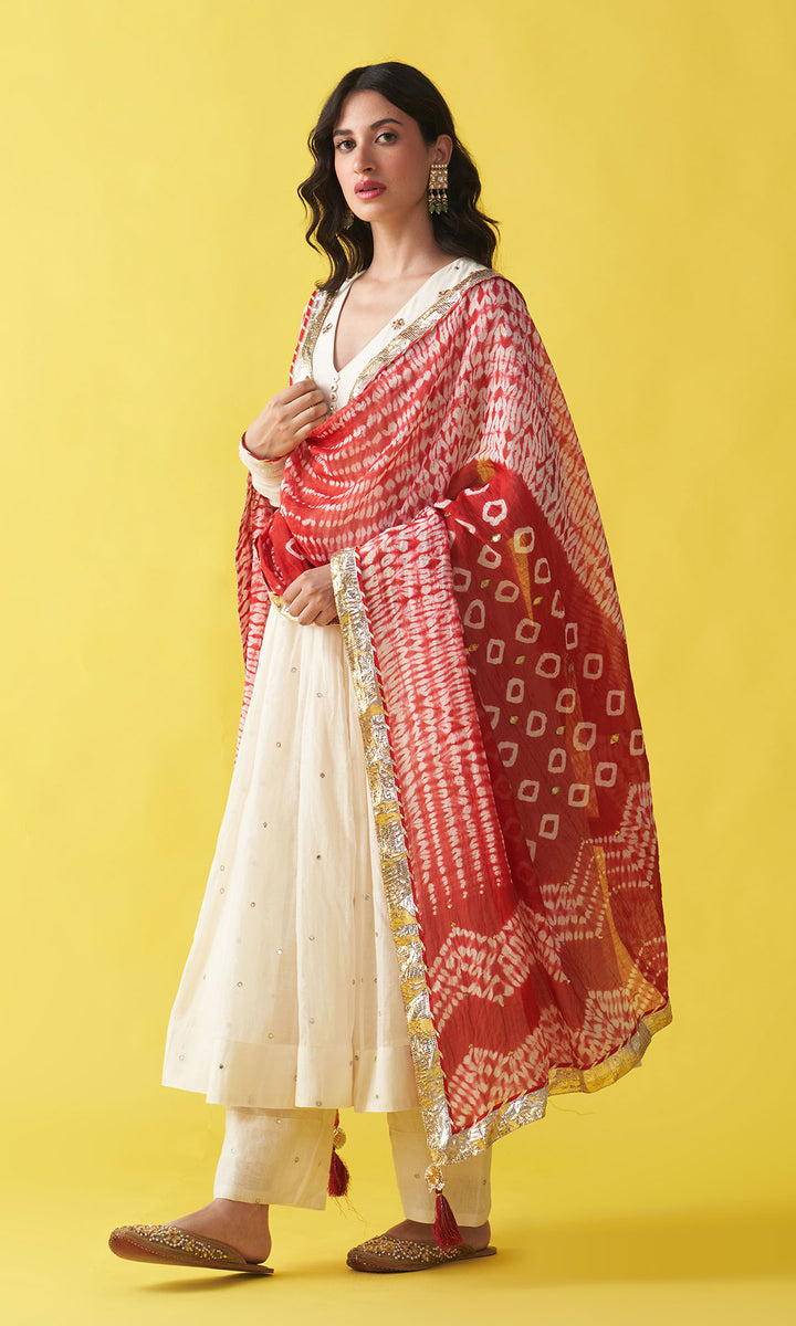 Gulzaar Off white v-neck embroidered anarkali with palazzo and  red shibori dupatta (set of 3)