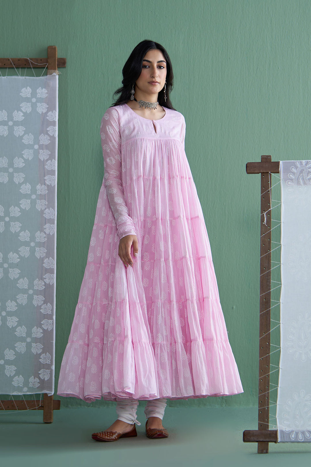 Chhaya Vol 2 Pink Tiered anarkali with chooridar and dupatta (set of 3)