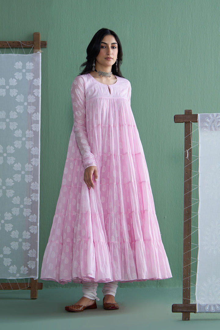Chhaya Vol 2 Pink Tiered anarkali with chooridar and dupatta (set of 3)