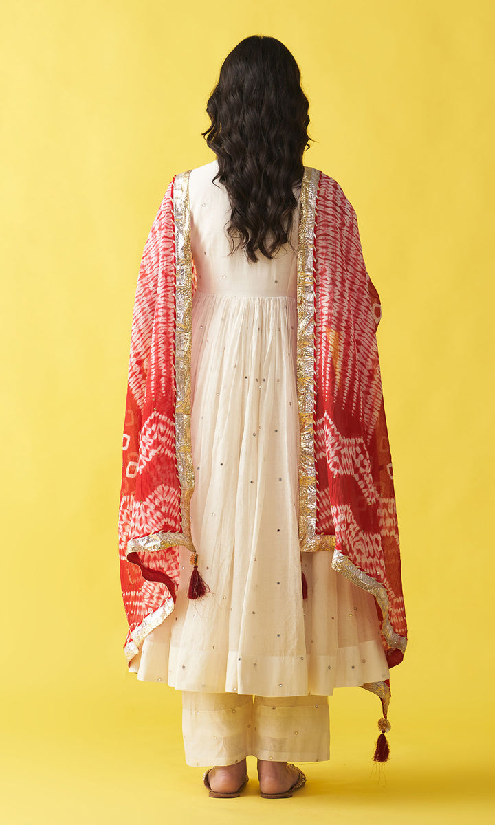 Gulzaar Off white v-neck embroidered anarkali with palazzo and  red shibori dupatta (set of 3)