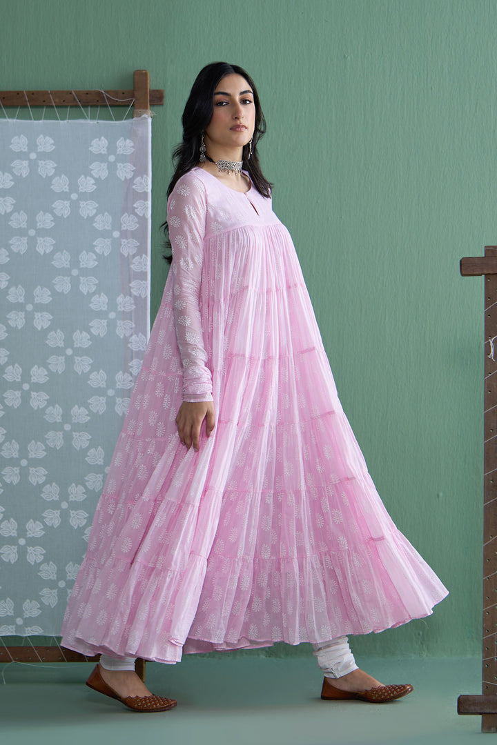 Chhaya Vol 2 Pink Tiered anarkali with chooridar and dupatta (set of 3)