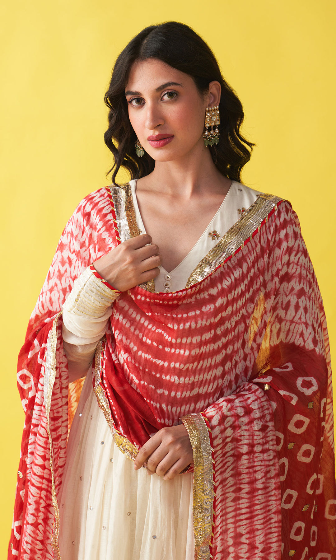 Gulzaar Off white v-neck embroidered anarkali with palazzo and  red shibori dupatta (set of 3)